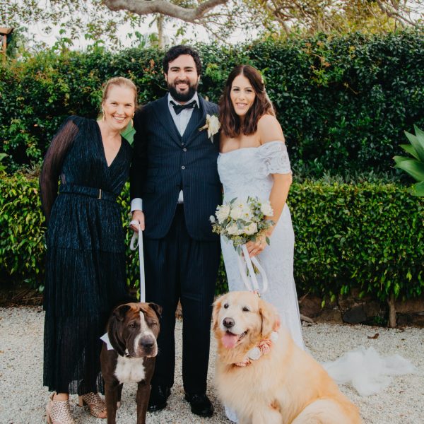 celebrant, couple and dogs